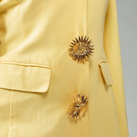 Yellow Elegant Women's Button Detail Structured Linen Blazer Dress - Picture 5 of 6